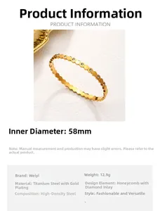 Detail view of gold honeycomb bracelet showing 58mm inner diameter and 12.9g weight