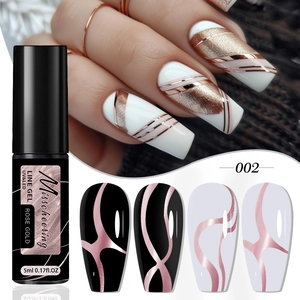 Detailed shot of rose gold line gel with 002 model bottle and professional nail art