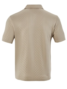 Detail showing the khaki jacquard knit texture on the back of this casual men's polo shirt