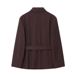 Women's burgundy belted blazer with back view display in a professional commute style