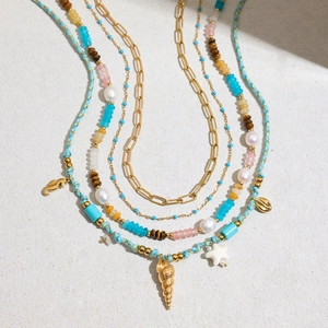Collier multicouche en acier inoxydable avec pierres naturelles et pendentifs marins