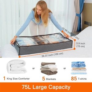 Detail of 75L grey underbed storage bag with dimensions and capacity icons