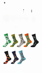 Detailed chart showing 8 leaf-patterned cotton crew socks with performance ratings