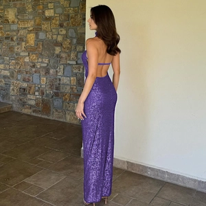 Elegant purple sequined backless maxi dress with thin straps for women's evening wear