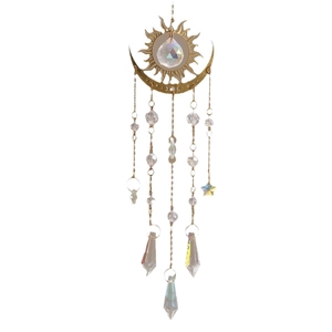 Golden sun and moon crystal suncatcher with AB colorful prisms for outdoor garden decor