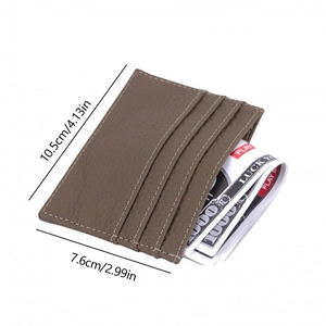 Gray lychee grain leather card holder showing size 10.5x7.6cm with multi-card slots
