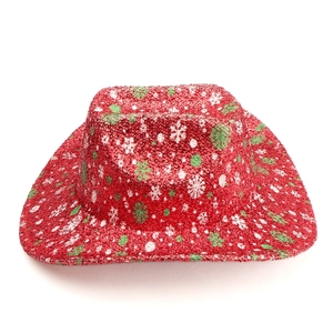 Sparkly red Western cowboy hat with white snowflake patterns for Christmas party