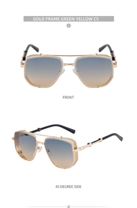 Close-up of steampunk sunglasses with golden metal frames and mechanical spring hinge detail