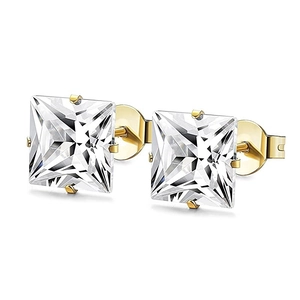 Detail of square princess cut stud earrings with clear stones in gold claw settings