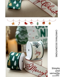 Detail of Christmas tree ribbons with Joy and Merry Christmas prints on linen fabric