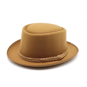 Detail of camel wool felt fedora hat featuring a matching woven decorative band