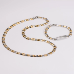 Detailed view of silver and gold cuban link necklace and bracelet set with an ID tag