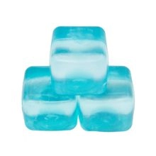 Three blue translucent LED glowing ice cube toys stacked together on a white background.