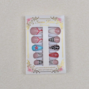 Set of 24 almond press-on nails with leopard, star, and checkerboard artistic designs