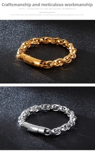 Detailed view of silver and gold stainless steel twist chain bracelets with cylindrical clasp
