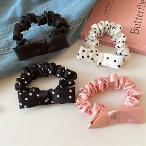 Elegant Satin Bow Scrunchie Large Fabric Hair Tie Polka Dot Retro Ruffled Elastic Ponytail Holder Women Sweet Accessories