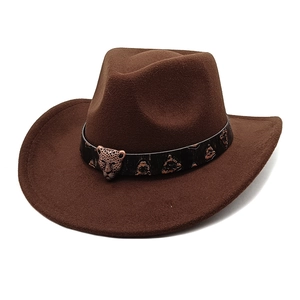 Western Cowboy Hat Retro Fedora Wide Brim Cotton Polyester Felt With Leopard Head Metal Buckle Decoration Streetwear