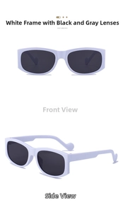 Front and side view of white bold frame sunglasses with unique round temple tips
