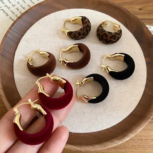Vintage velvet U-shape hoop earrings set in leopard, brown, black and burgundy colors