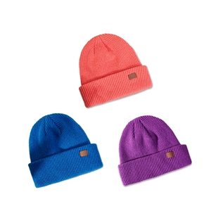 Winter rib-knit beanie hats in orange, blue, and purple with leather patch detail