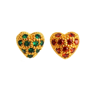 Vintage heart studs in gold plated brass with red and green cubic zirconia inlay
