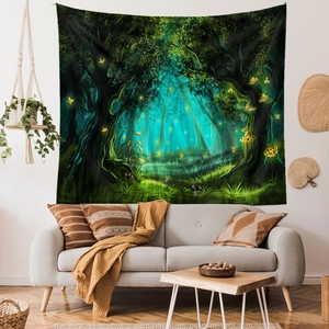 Macro detail of magic forest tapestry with glowing mushrooms hanging behind a grey sofa