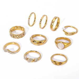 10-piece 18K gold plated stainless steel ring set with pearls, rhinestones and engravings