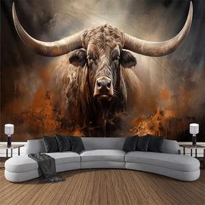 Wall Hanging Tapestry Polyester Highland Cow Longhorn Bull Floral Art Print For Bedroom Living Room Farmhouse Home Decor
