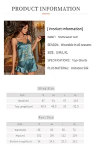Guide des tailles pour pyjama en soie bleue avec mesures du haut et du short