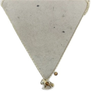 Golden necklace with horse pendant and tiger eye bead on a gray background