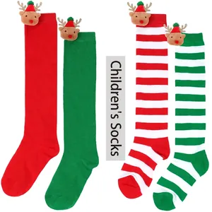 Christmas Children Long Socks Striped Polyester Spandex With 3D Plush Reindeer Doll Holiday Novelty Over The Knee
