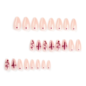 Nude pink almond press-on nails with red snakeskin pattern and cross design, 24pcs set