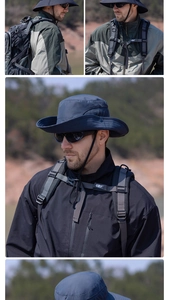 Detail of outdoor wide brim sun hat in navy blue with adjustable chin strap and side snaps