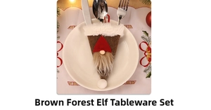 Brown gnome Christmas cutlery holder on a white plate with festive holiday ornaments