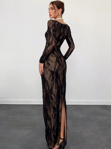 Elegant black lace evening dress with long sleeves, side slit, and square neckline for women