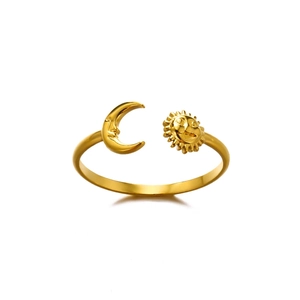 Detailed view of 18K gold stainless steel open ring with sun and moon celestial design