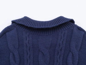 Detailed close-up of navy knit polo shirt collar with textured cable knit patterns