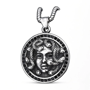 Hip hop Medusa pendant in silver with black crystals and ancient Greek myth design
