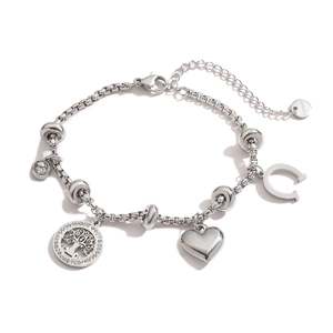 Macro detail of silver tree of life charm bracelet with polished heart and cubic zirconia