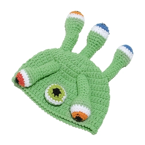 Funny green octopus knit hat with five cartoon eyes and tentacles for Halloween party