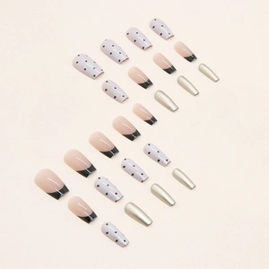 Short ballet French press-on nails with silver chrome and black polka dot designs