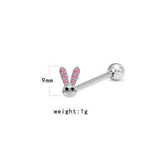 Piercing de langue lapin en acier argenté avec pavage de pierres roses brillantes