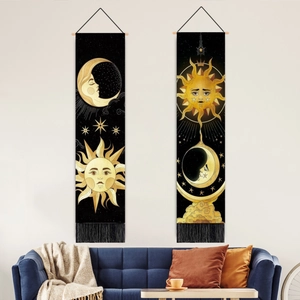 Nordic wall hanging tapestry set with gold sun and moon patterns on black background