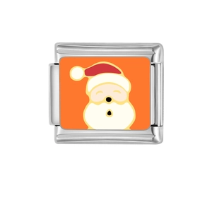 Dettaglio di un charm in acciaio inossidabile argento con smalto arancione Babbo Natale