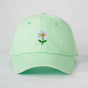 Adjustable light green baseball cap with embroidered daisy smiley face pattern