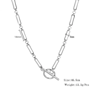 Detail of silver paperclip chain necklace with toggle clasp and link size measurements