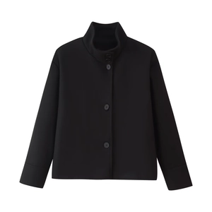 Minimalist women black short wool jacket with stand collar and button-up front closure