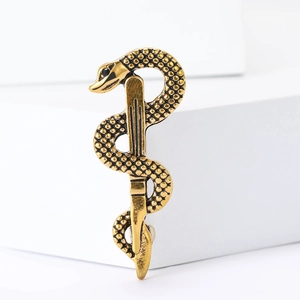 Elegant gold snake wrapped around a caduceus staff brooch pin for suits and shirts