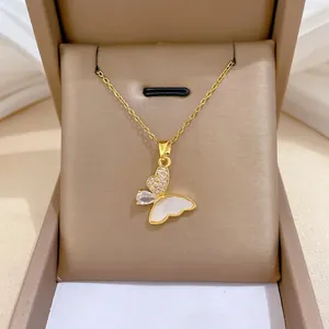 Butterfly Pendant Necklace With Stainless Steel Chain Copper Zircon And White Shell Luxury Elegant Jewelry For Women