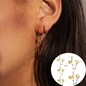 Stainless Steel Star Charm Hoop Earrings With Long Chain And Colorful Beads Double Piercing Jewelry For Women